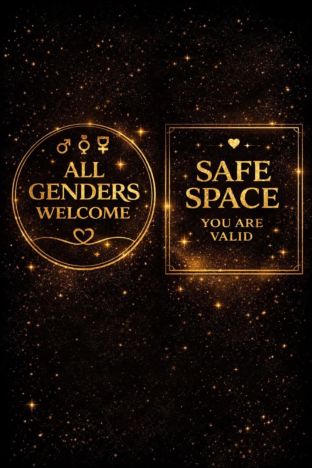 All genders welcome and safe space studio signage